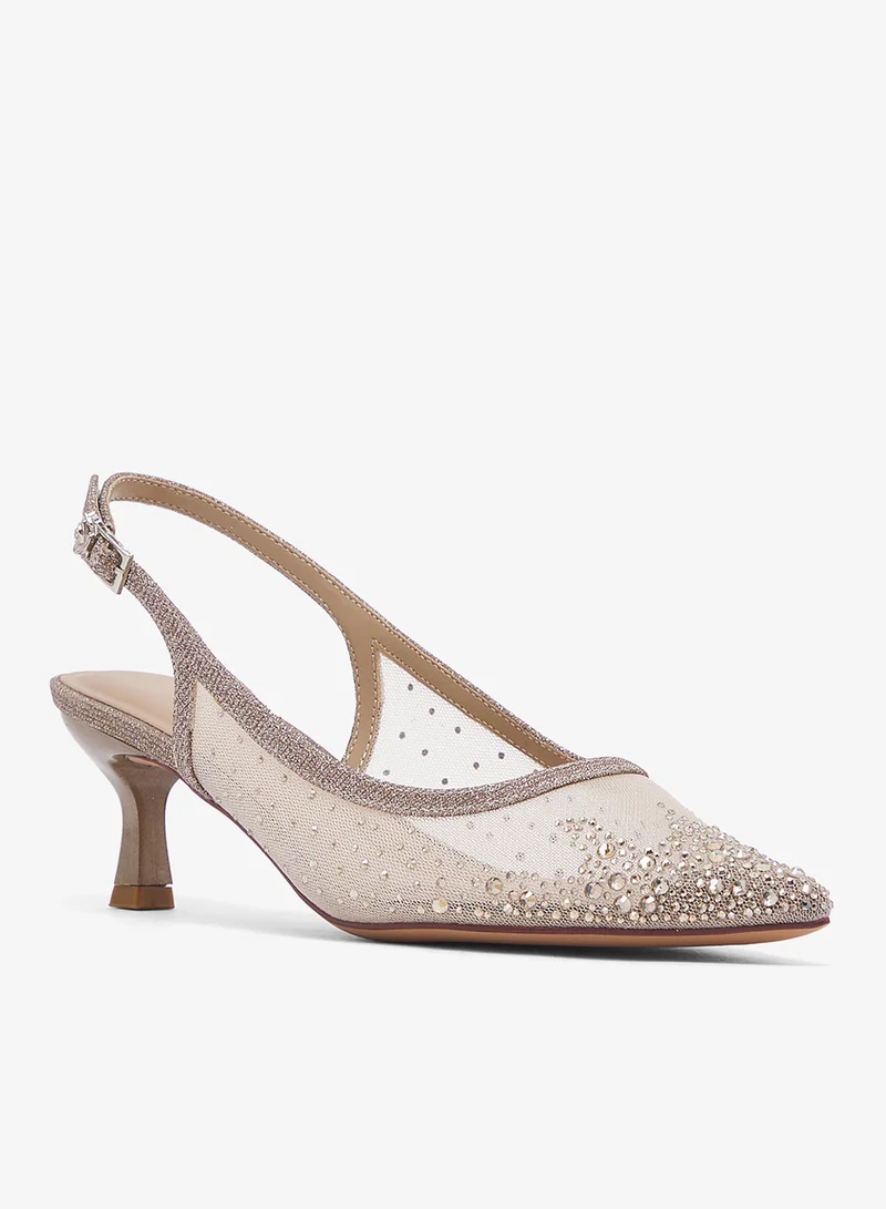 Ella Limited Edition Mesh Rhinestone Embellished Gold Mid Heel Pumps